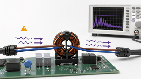 Common mode choke on a circuit board with cable noise paths for an EMI filter selection guide